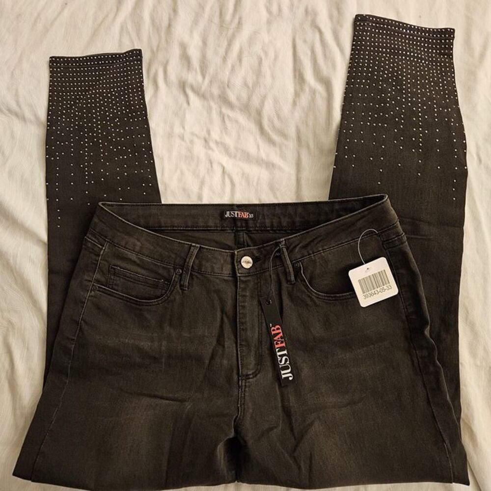Womens 33 Jeans Just Fab Stretch Gray Black Bling Jeweled New NWT